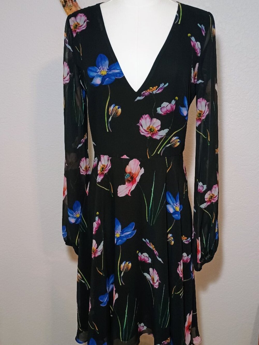 Betsey Johnson Black Floral Sheer Long Sleeve Midi Dress size 4